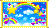 stamp with a cloud background with lots of cluttered stars and rainbows over it