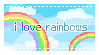 stamp with a brightly colored pixel background of the sky and rainbows that says 'i love rainbows'